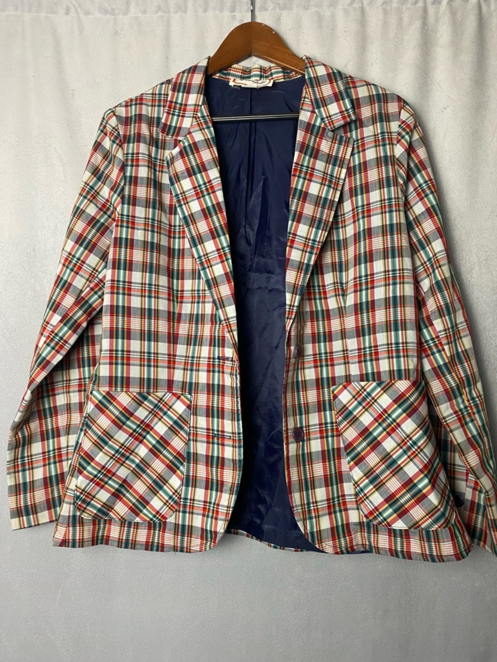 Vintage 80s Sportfolio Plaid Blazer Jacket Preppy Patch Pocket Sport Coat